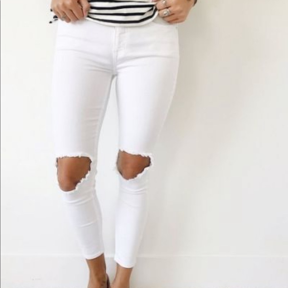 Free People White High Rise Busted Knee Skinny
